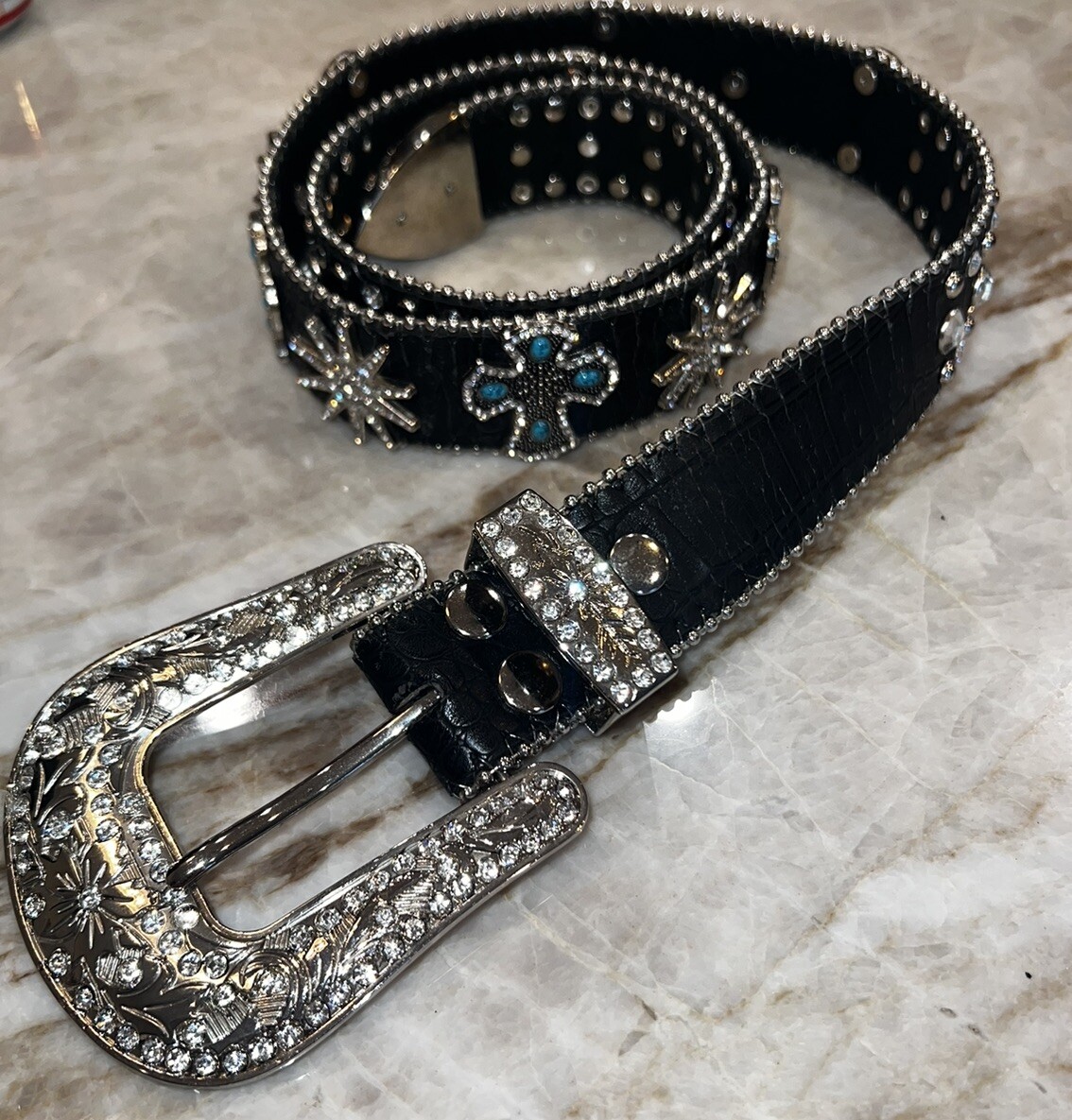 Genuine Black Leather Belt With Rhinestones Turquoise Silver  display picture 2