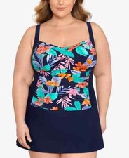 Swim Solutions Plus Size Tummy-Control Twist-Bra Skater Swimdress,Multi 16W New