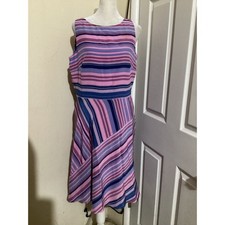 MAGGY LONDON Silk Striped Midi Dress Pink Purple Blue Sleeveless Size 10