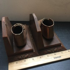 Pair Of Vintage 1978 Copper Bronzed Metal Baby Shoe Wood Grain Resin Bookends