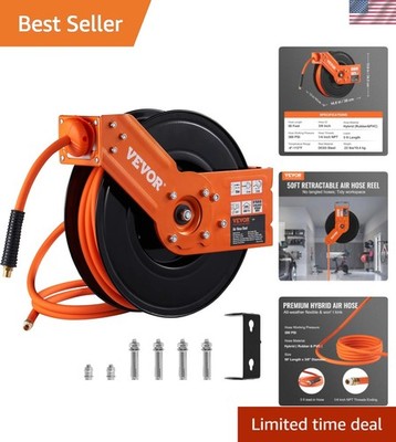 Retractable Air Hose Reel, 3/8 IN x 50 FT Hybrid Air Hose Max 300PSI, Air Com...