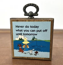 Vintage Mini 2.5" Wood Wall Plaque Ornament, Fishing Dog Lake Fisherman