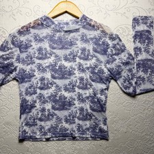 Urban Outfitters Shirt Womens Large Blue Sheer Mesh Toile Print Long Sleeve