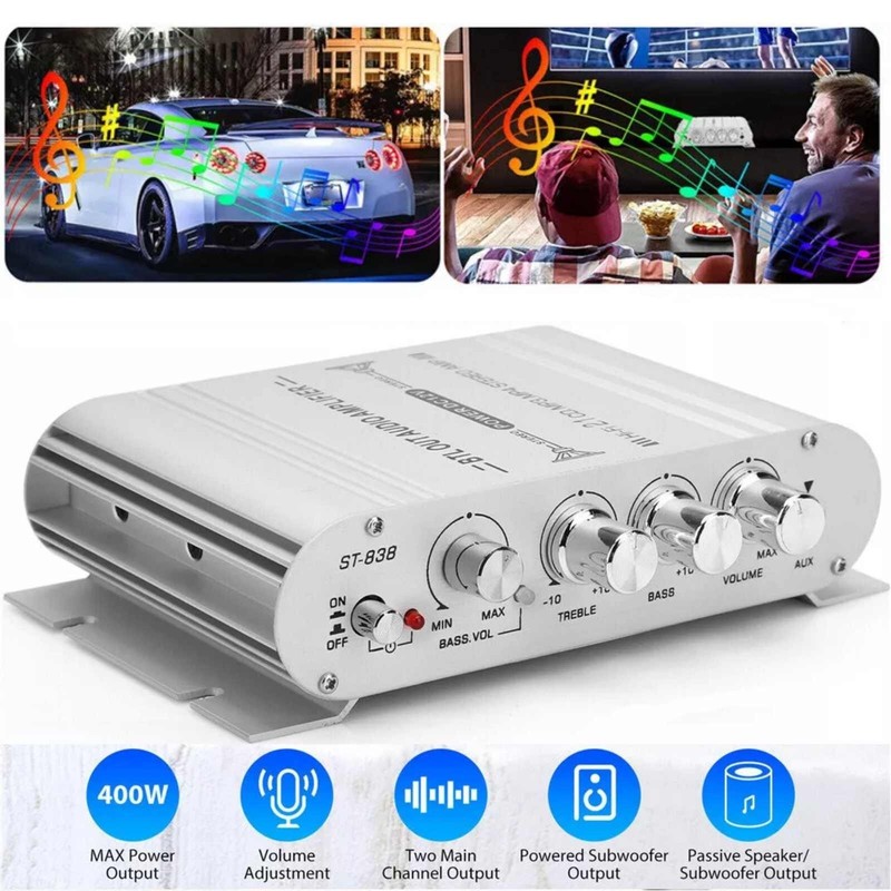 Mini ST-838 Stereo Power Amplifier 400W 12V 2.1Channel Powerful Audio HiFi Home