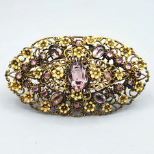Art Nouveau Czecho Amethyst Purple Glass Gilt Brass Floral Filigree Brooch