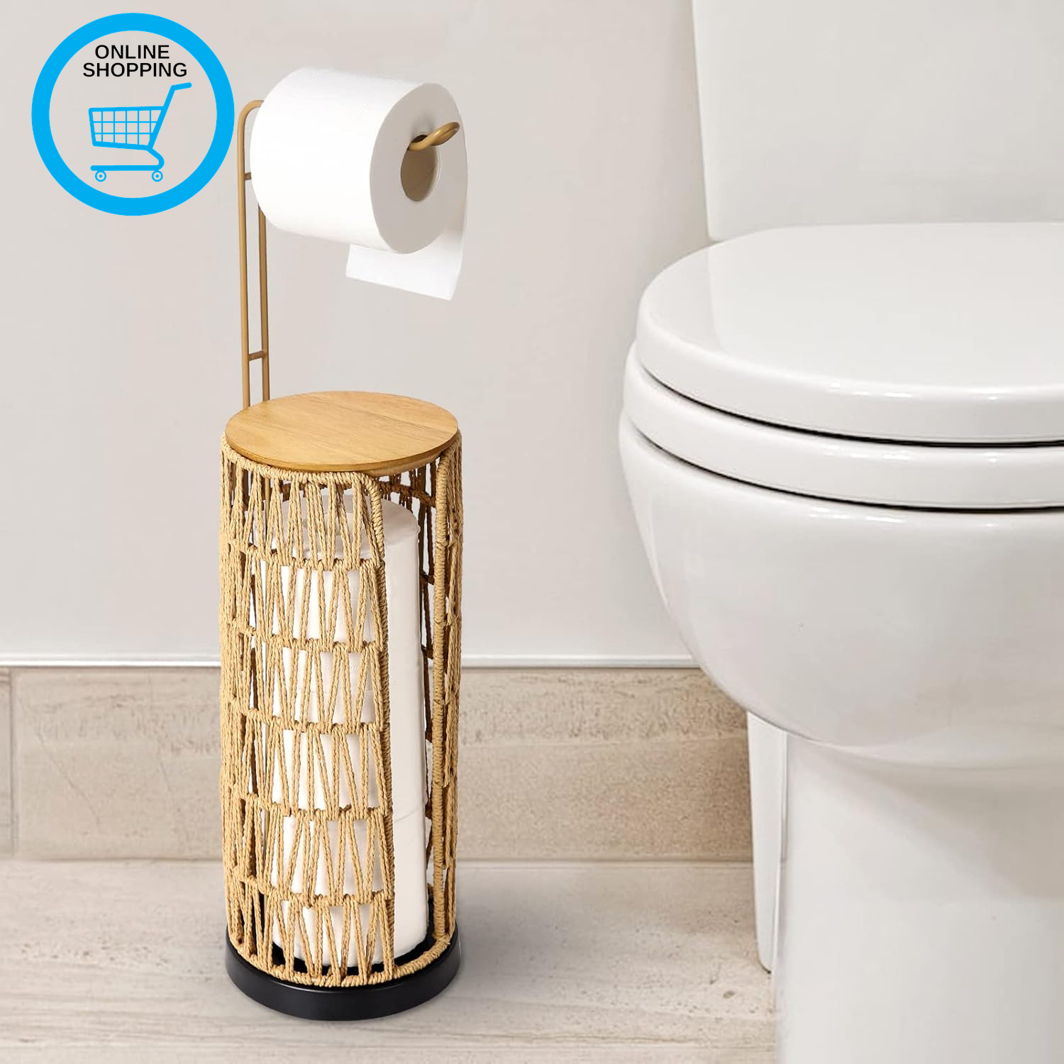 Free Standing Toilet Roll Holder with Shelf, Bathroom Toilet Paper Holder, Handm