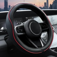 Universal Car Steering Wheel Cover Anti-slip Leather 14.5-15 Black Red