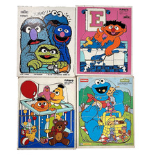 Playskool Sesame Street Cookie Monster  Ernie Wooden Puzzles VTG READ Lot of 4