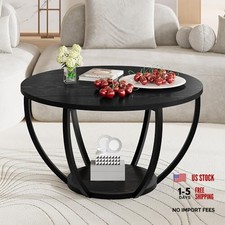 Round Coffee Table,Wooden 2-Tier Circle Coffee Tables with Storage Black