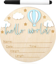 Wooden Baby Announcement Sign, Hello World Newborn Birth Sign Welcome Baby Name
