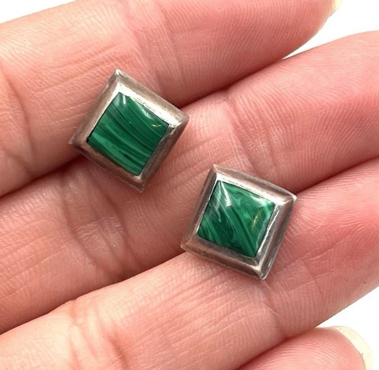Sterling Silver Malachite Square Stud Earrings 92… - image 1