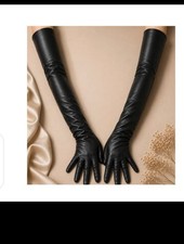 Women s Opera Long Leather Gloves Black, Silk Lined, 40 42 cm