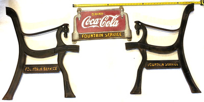 ORIGINAL COCA COLA FOUNTAIN SERVICE SIDEWALK/PARK BENCH CAST IRON MATCHED SET!3P