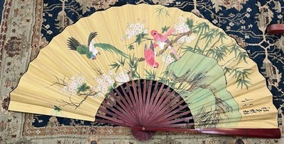 Vintage Large Chinese paper linen Wall Folding Fan Hand Painted Birds and Landsc