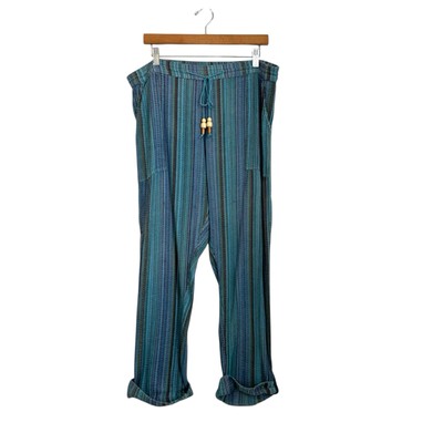Sundance Bakari Ocean Striped Pants Sz Large Blue Purple Roll Tab Cuff Boho