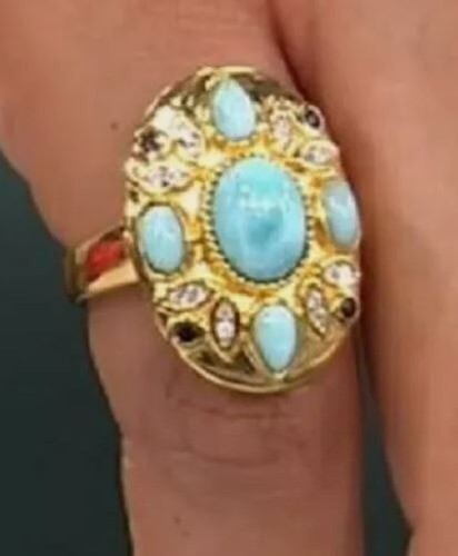 Anillo Sheryl Jones Gemas Preciosas Larimar, Circón y Espinela Negra Chapado en Oro 22K 7 - Imagen 2 de 2