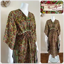 70s Handfabs Indian Block Print Caftan Dress Maxi Mumu Beach Cabana Pool 80s VTG