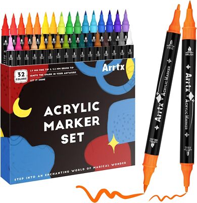 Arrtx 32 Colors Acrylic Marker Dual Tip Paint Pens Fine Tip and Brush Tip