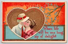 1914 Valentine Postcard   Young Couple Kissing Cherry Blossoms GERMANY