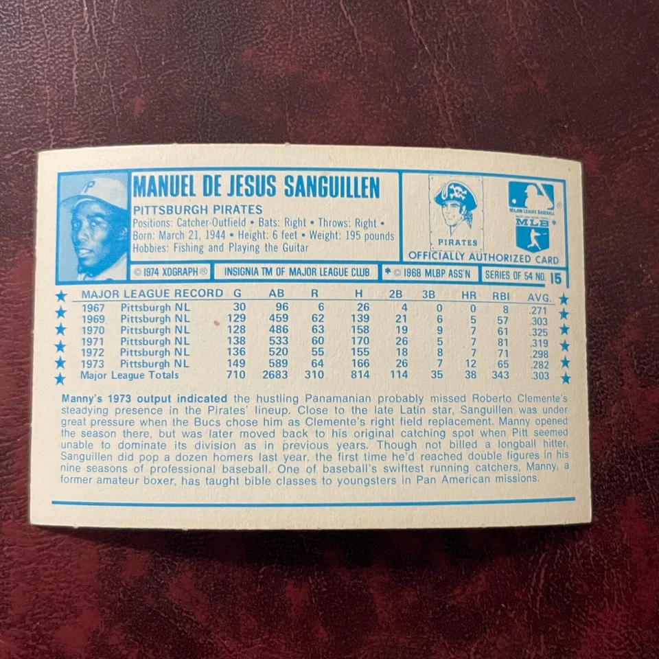 1974 Kellogg's 3-D Set MANNY SANGUILLEN #15 PITTSBURGH PIRATES - VG-EX - Image 2 of 2