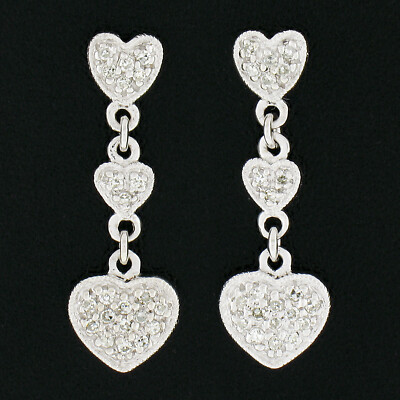 14K Weißgold 0,20ctw Pave Diamant Milgrain 3 dreifach Herz Ohrhänger Ohrhänger