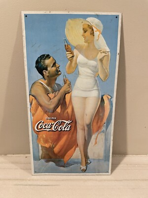 VTG Coca Cola 50th Anniversary Bathers Metal Tin Sign - Desperate Enterprises