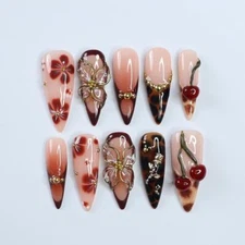 Fall Press On Nails with 3D Floral and Cherry Accents, Long Almond Tortoise Shel