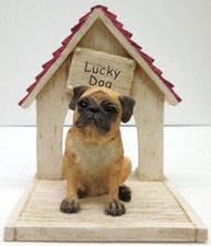 PUG, SMALL SITTING IN FRONT OF DOGHOUSE FRAME "LUCKY DOG"