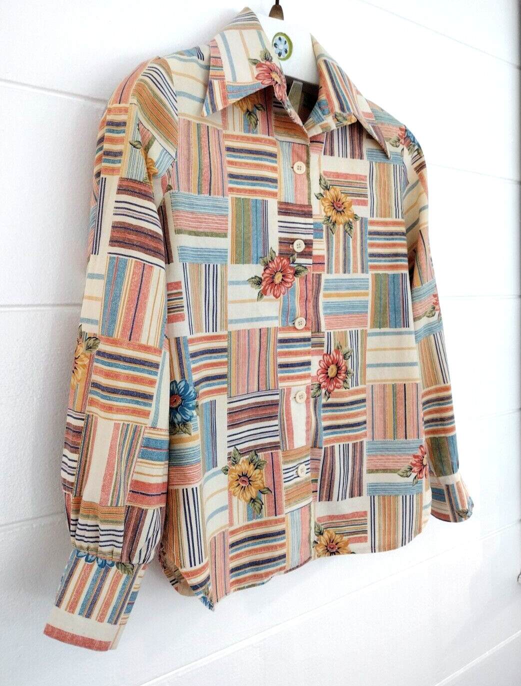 Vtg 70's Western Patchwork Dagger Collar Plaid Bu… - image 4