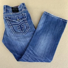 Rock Revival Logan Boot Jeans Blue Denim Distressed Medium Wash Mens 36x30