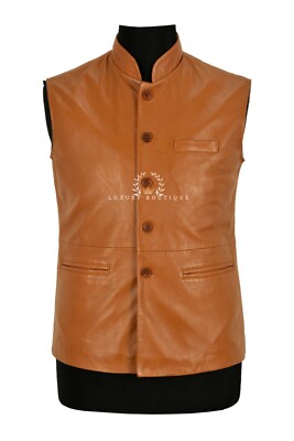 Men's Real Leather Waistcoat Tan Napa Mandarin Collar Classic Lambskin Vest