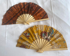 2 Brown Tan Fans Hand Bamboo Cloth Handmade Indonesia New Avenico Abenico 628O