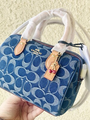 NWT Coach Mini Rowan Crossbody Bag In Signature Denim With Cherry