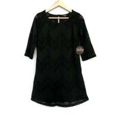 BeBop Womens Shift Dress Black Chevron Textured 3/4 Sleeve Jewel Neck M New