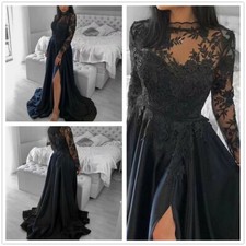 Gothic Black Long Sleeve Wedding Dresses with Side Split Satin Bridal Gowns