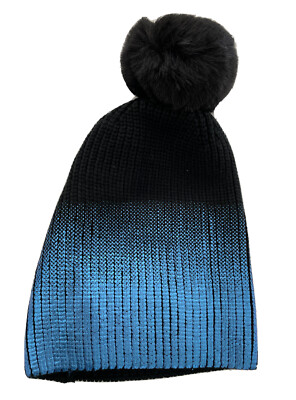 JOCELYN Faux Fur Pom Metallic Ombré Knit Beanie Hat Jocelyn Fur Metallic Hat With Silver Fox Pom - Gunmetal  main image 4