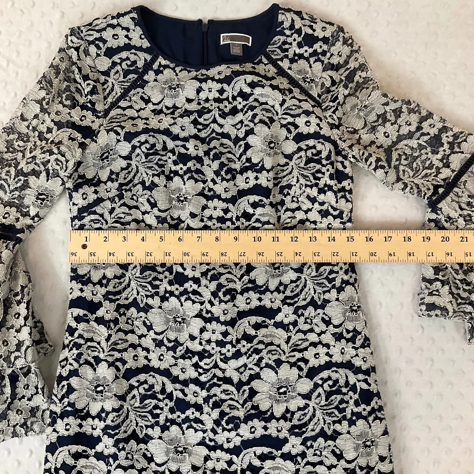 Vestido Chelsea28 Azul Marino Blanco Encaje Manga Campana Floral Línea A Para Mujer Talla 4 Foto 4 de 4
