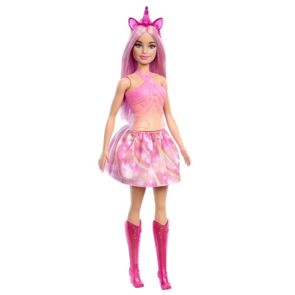 Barbie Einhorn Puppen mit bunten Fantasiehaaren, Outfits mit Farbverlauf und Fan