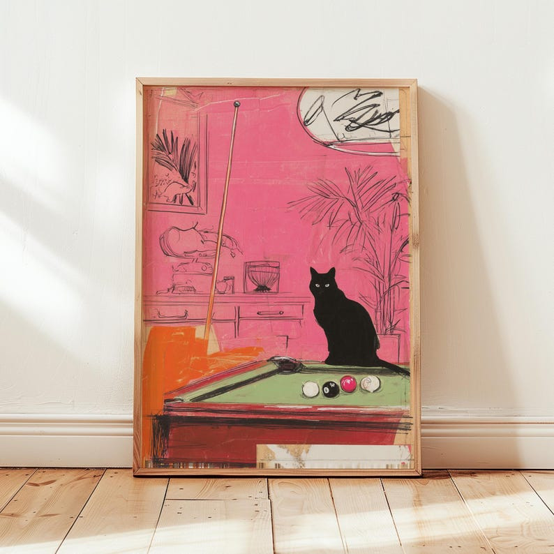 Retro pink cat billiards wall art 24x36 unframed poster