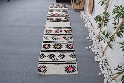 Turkish Kilim Rug 1,9x7,9 ft (57x241 cm), White Polka dot Vintage Rug