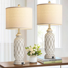 Farmhouse Rustic Table Lamps Set of 2 28" USB Bedside Light
