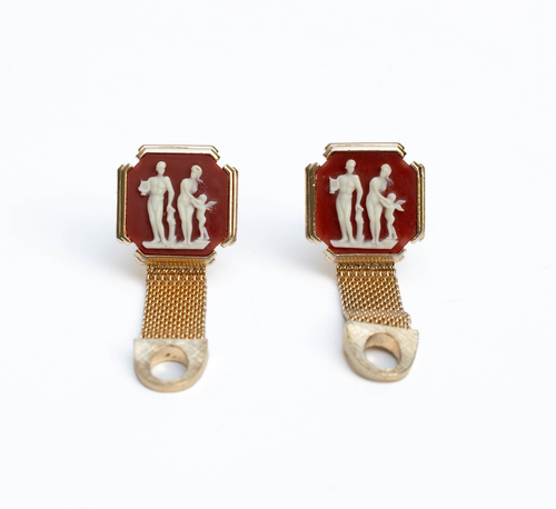 Gemelli cammeo vintage stile rosso sardonice maglia coda tono oro ninfa anni 60 romano/greco - Foto 2 di 4
