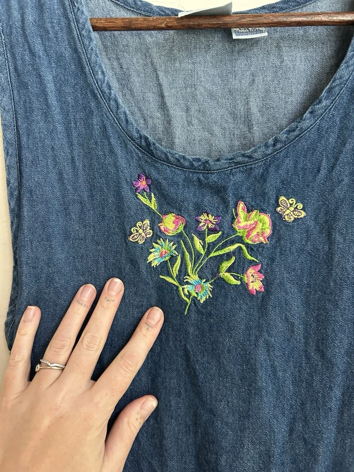 Lindo Vestido Midi Vintage Años 90 Y2K Denim Delantal Mariposa Coqueta Cottagecore Foto 3 de 4