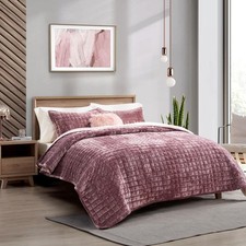 RECYCO Luxury Velvet Quilt Set Full Queen Size Bedding Ultra Soft in Dusty Mauve