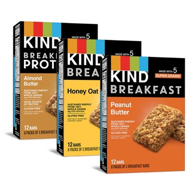 KIND Breakfast Bars Variety Pack, Honey Oat, Almond & Peanut Butter, 18 Count