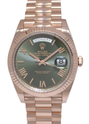 Rolex Day-Date 40 18k Rose Gold Olive Green Mens Watch B/P '23