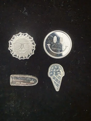 Four Different 1 gram .999 Silver Art Bars - Bullet/Sun/Smile/Cone