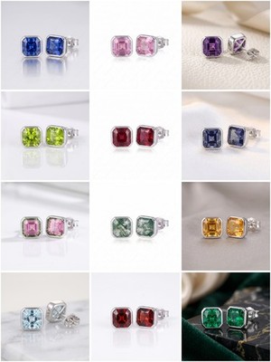 Asscher Shape Gemstone Minimalist Stud Earrings 925 Sterling Silver Wedding Gift