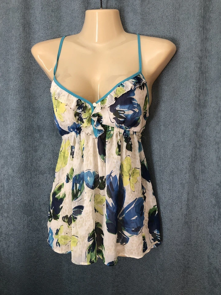 Gilly Hicks Sydney Babydoll Tank Top Size Small Sheer Floral Racer Back Ruffles - Image 4 of 4