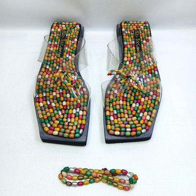 Vtg Beaded Multicolor Flat Sandals w/Matching Bracelet size 10 NEW by Clark Chan